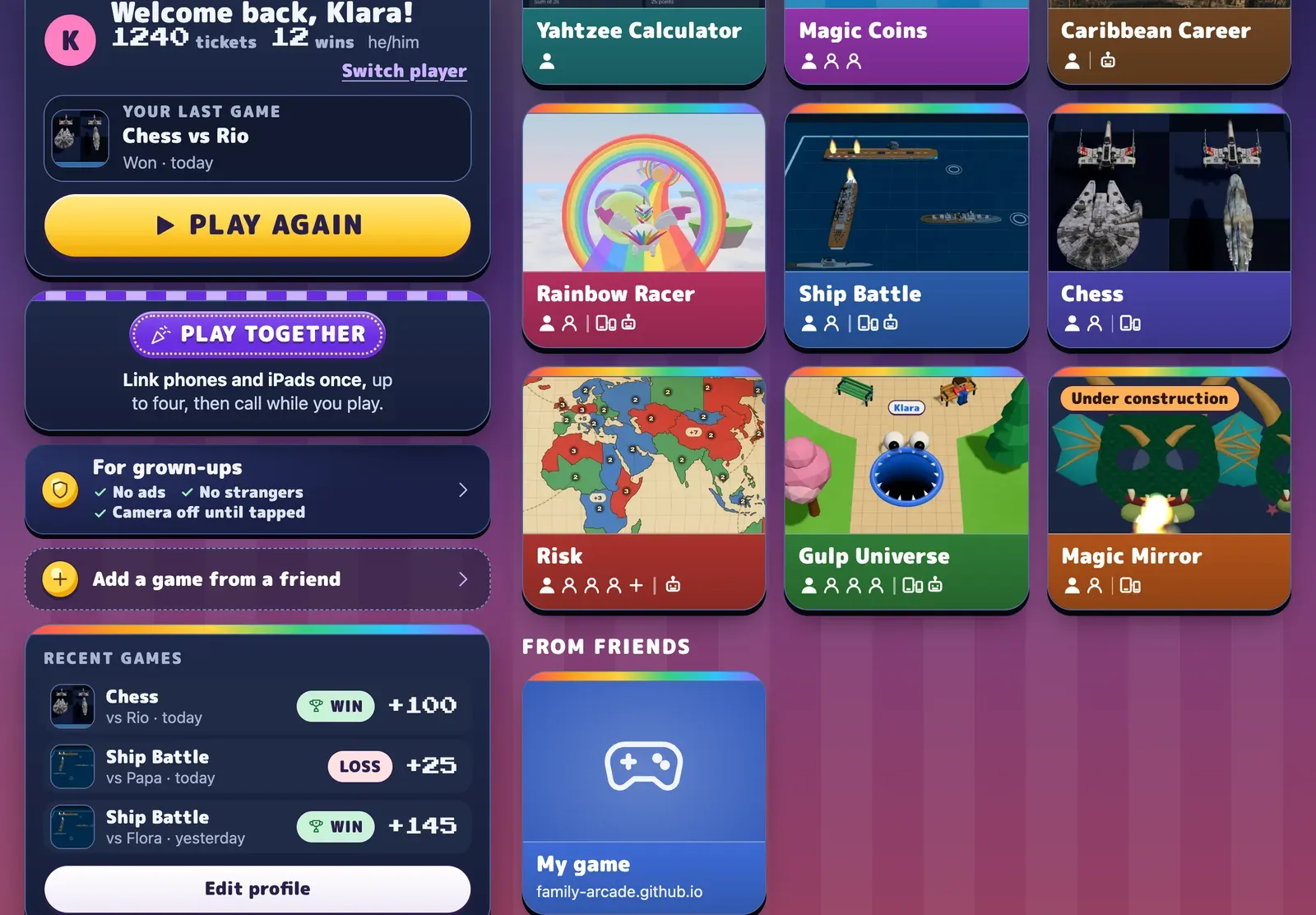 Games from friends on the home page