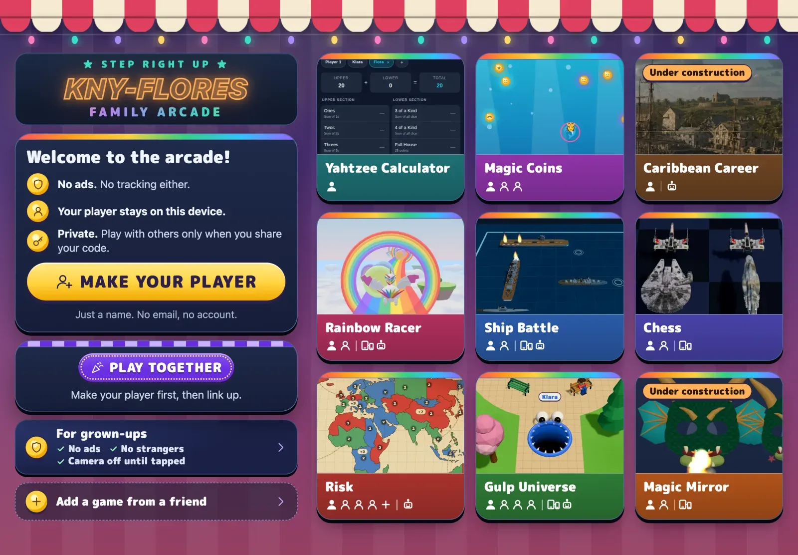 The arcade’s home page: game tiles, the welcome card and Play together